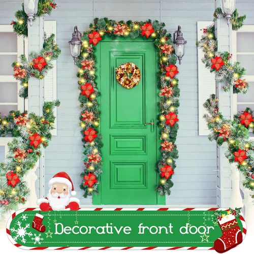 Vista 10 de Guirnalda de Navidad, guirnalda de Navidad con luces, decoración de Navidad, flores artificiales de ratán de 9 pies, decoración de Navidad