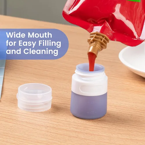 Vista 3 de MICEBAY Botellas exprimibles de condimentos para salsas, mini recipiente de silicona para aderezo de ensalada de 1 onza para llevar con bolsa