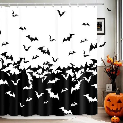 Vista 2 de MEHOFOND Cortina de ducha de murciélagos espeluznantes para Halloween, diseño de murciélago volador, cortina de baño decorativa de Halloween