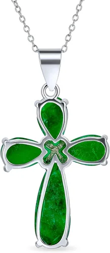 Vista 2 de Timeless Fashion Cabochon Genuine Gemstones Black Onyx Multi Color Green Jade Cross Pendant Necklace For Women Teen .925 Sterling Silver With Chain