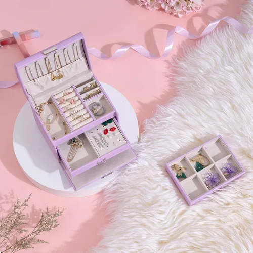 Vista 5 de BEWISHOME Caja de joyería para adolescentes caja organizadora de joyas de 3 capas con cerradura estuche de viaje de joyería para mujeres y niñas