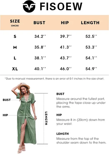 Vista 6 de Fisoew Vestido de verano con botones para mujer, vestido largo de manga corta abombada, cuello en V profundo, vestido largo