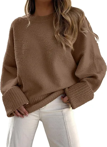 Vista 143 de LOGENE Suéter de gran tamaño para mujer, cuello redondo, manga larga, suave, mullido, suéter de punto 2025 para otoño e invierno