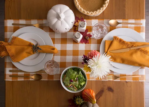 Vista 7 de DII - Colección de mesa con flecos pesados y cuadros, camino de mesa, 14x72 pulgadas, calabaza y especias Naranja