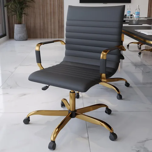 Vista 7 de LeisureMod Harris Silla de oficina con almohadilla suave, silla ejecutiva de piel sintética con base de acero dorado, altura ajustable, bloqueo