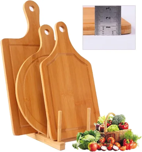 Vista 6 de Juego de tablas de cortar de bambú, 3 piezas, tablas de cortar carne, pala de pizza con mango para hornear pizza casera pan, pastel, frutas