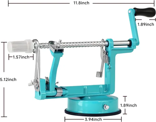 Vista 2 de Pelador de manzanas, cortador de patatas 3 en 1, acero inoxidable resistente con base de ventosa (azul)