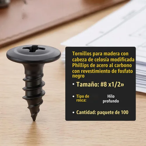 Vista 2 de BCP Fasteners #8 x 1/2", 100 Unidades Tornillos Phillips Pequeños Negros de Cabeza de Armadura Modificada, Punta Afilada de Rosca Profunda, Acero al