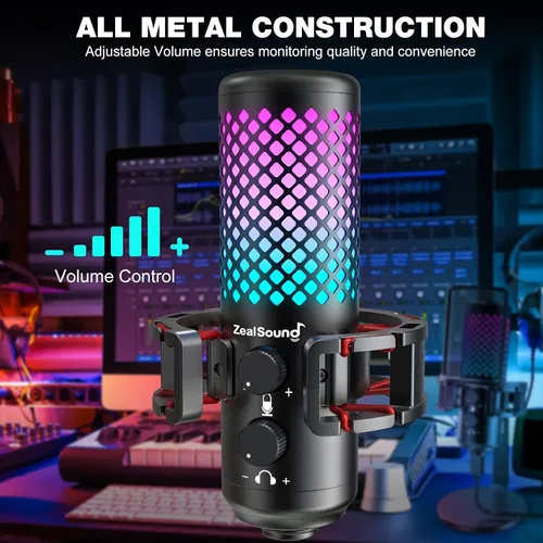 Vista 3 de ZealSound Micrófono USB para iPhone, iPad, teléfono, PC, micrófono RGB para juegos con metal completo, silencio, filtro pop, ganancia