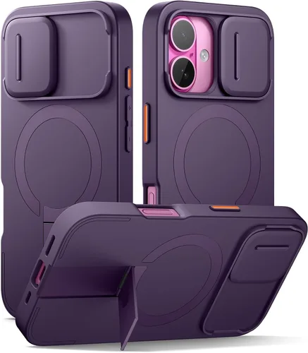 Vista 13 de SURITCH Funda para iPhone 12/12 Pro con cubierta magnética para cámara deslizante y soporte ajustable, compatible con MagSafe, funda protectora Negro