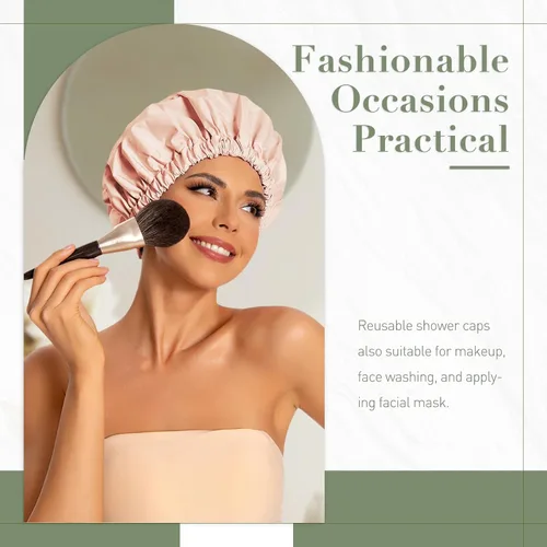 Vista 2 de Gorro de ducha reutilizable para mujer, grande, impermeable, lavable, banda elástica, accesorios de baño, sombrero para cabello largo, trenzas Beige