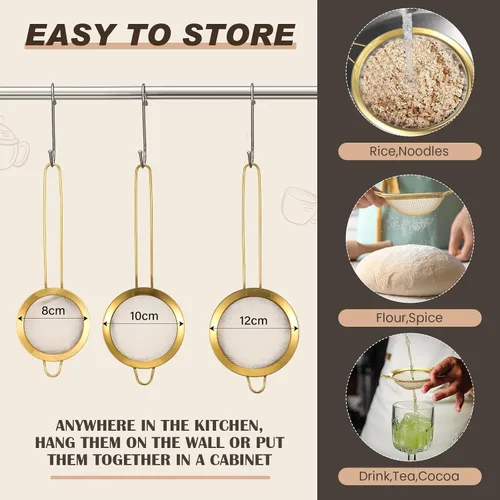 Vista 4 de Norme Colador dorado de acero inoxidable de 3 cuartos de malla fina, colador de metal para pasta, arroz y alimentos con asas, fácil de limpiar