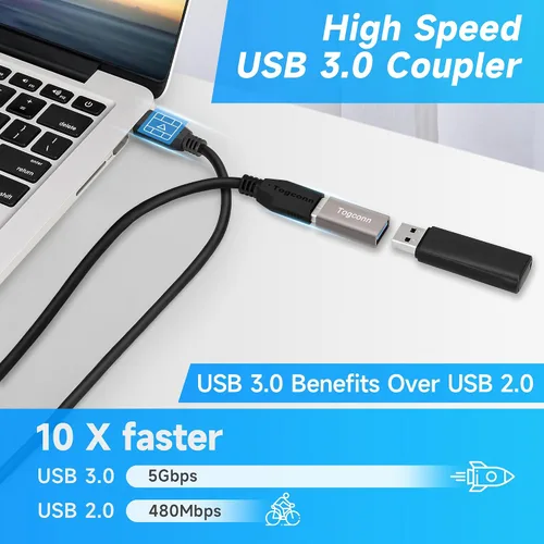 Vista 3 de Paquete de 2 acopladores USB, carcasa de aluminio USB 3.0 tipo A hembra a hembra, compatible con transferencia de datos de 5 Gbps y carga rápida