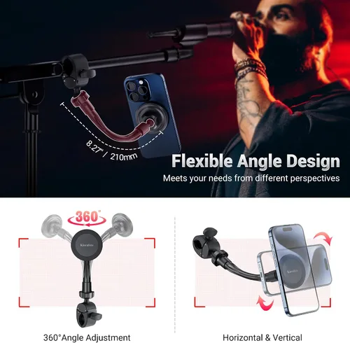 Vista 3 de Soporte de micrófono 2 en 1, soporte magnético de teléfono de 8 pulgadas para soporte de micrófono con cuello de cisne extraíble y ángulo