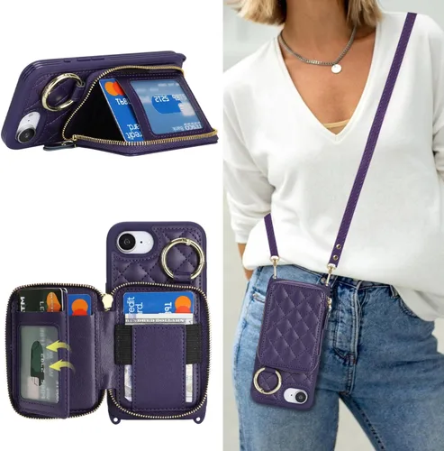 Vista 12 de Funda tipo cartera para iPhone 17e/16e, diseño de leopardo negro Funda de piel sintética con cremallera para bolso, funda con función atril