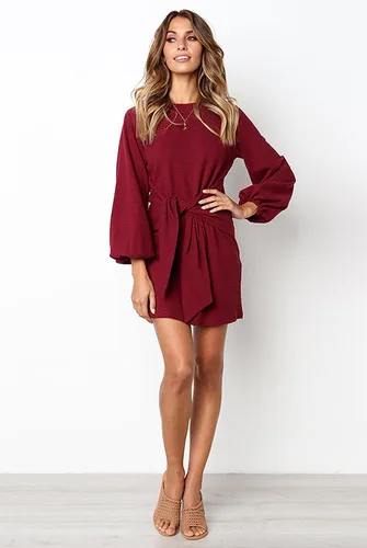 Vista 6 de PRETTYGARDEN - Vestido corto y elegante de fiesta para mujer, con cuello redondo, manga farol, tejido de punto y para atar en la cintura