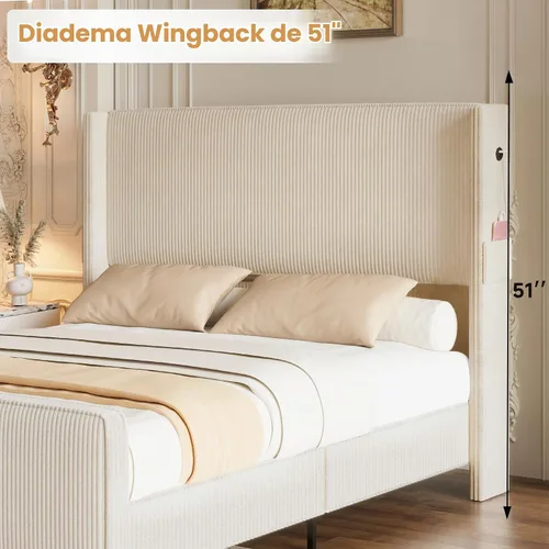 Vista 4 de Marco de Cama Tamaño Queen con Cabecero, Cama de Plataforma Tapizada con Cabecero Alto Tipo Wingback y Pie de Cama, Marco de Cama de Pana con Beige