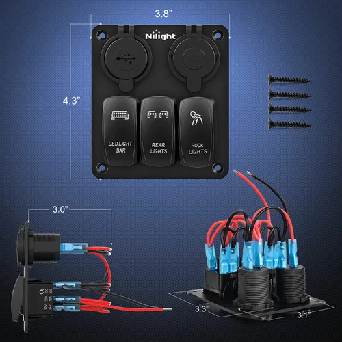 Vista 6 de Nilight Panel de Interruptor Basculante de 3 Posiciones con Cargador USB y Encendedor de Cigarrillos 12V 24V Barra de Luz LED Toggle Luces Traseras