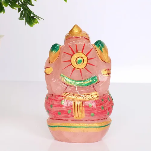 Vista 5 de REAL-GEMS Estatua de escultura de ídolo de Lord Ganesha de cuarzo rosa, tallada a mano, decorativa, curativa, Reiki, figuras de piedras preciosas