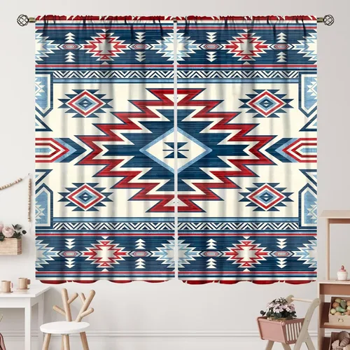 Vista 31 de Cortinas con patrón geométrico tribal, estilo suroeste, azteca, rústico, occidental, nativo americano, opacas, con bolsillo para barra, decoración