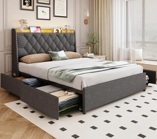 Vista 17 de Marco de cama completa con 4 cajones y cabecera de almacenamiento, marco de cama de plataforma tapizada tamaño completo con luces LED y práctica