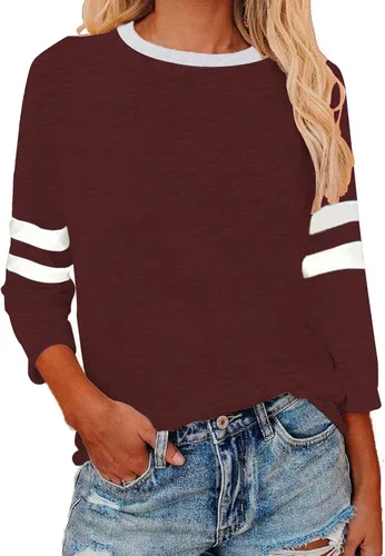 Vista 7 de Camisas de manga 3/4 para mujer, camisetas de verano con cuello redondo, camisetas básicas sueltas de mezcla de algodón para mujer
