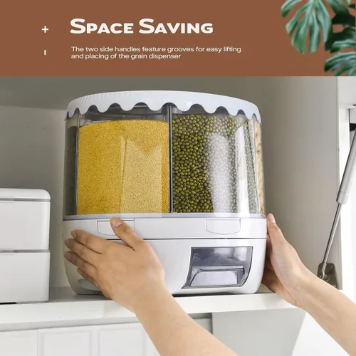 Vista 5 de Dispensador de Granos Slow Slog, Contenedor de Almacenamiento Giratorio de 360°, Dispensador de Alimentos de 6 Rejillas con Tapa Sellada