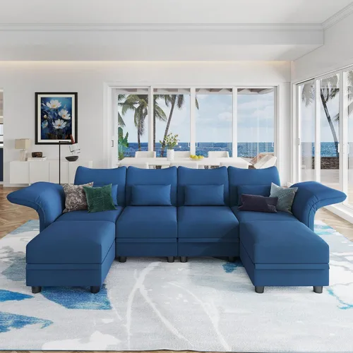 Vista 26 de LLappuil Sofá modular de terciopelo en forma de L con almacenamiento, sofá moderno de 5 plazas de 127.8 pulgadas con diván, sofás reclinables de Azul