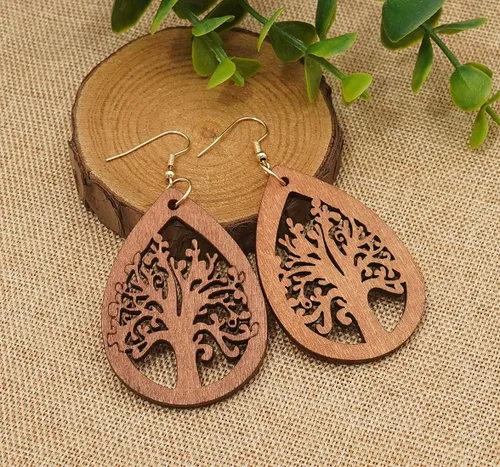 Vista 4 de Wovanoo Aretes de madera para mujer, aretes colgantes de gota de agua de madera natural