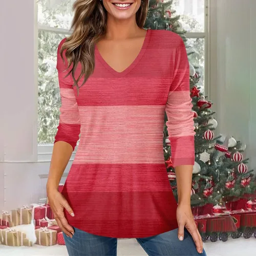 Vista 4 de FlekmanArt Womens Tops Slim Fit Retro Stripe Printing Outfit V Neck Long Sleeve Sweatshirts Hide Belly Pullover Tops