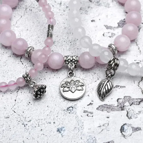 Vista 2 de Jovivi - 3 pulseras de cuentas de cristal de cuarzo rosa amatista para chakras, energía natural de curación, cuentas de loto, piedra reiki