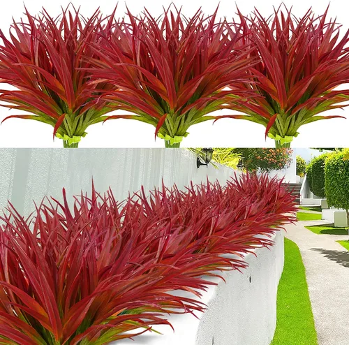 Vista 17 de 8 piezas de plantas falsas para exteriores, resistentes a los rayos UV, plantas de césped alto artificiales, flores tropicales, arbustos, decoración