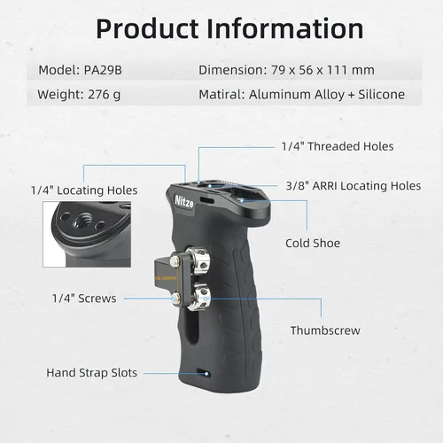 Vista 2 de Nitze Mango lateral ergonómico con tornillos de 1/4 pulgadas, ajustable arriba/abajo e izquierda/derecha, mango lateral de aluminio de goma