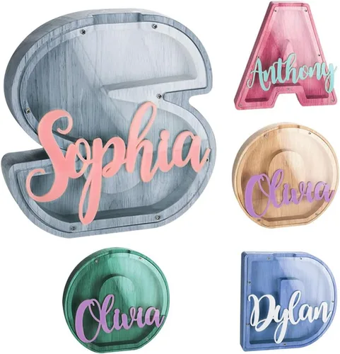 Vista 7 de callie Hucha personalizada con múltiples fuentes con texto multicolor grabado, caja de dinero personalizada de madera con inicial para niños