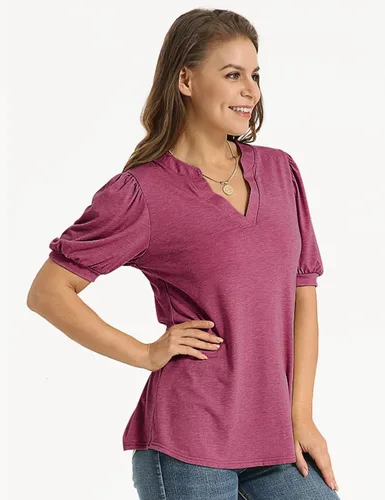 Vista 3 de YESNO Camisas de manga corta para mujer, estilo casual, cuello en V, blusas elegantes de manga abombada, TY0