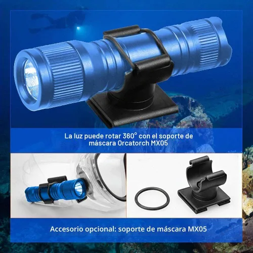 Vista 4 de ORCATORCH D560 Mini Faro de Buceo Submarino Luz Frontal 650 Lúmenes Faro de Buceo con Clip de Máscara Giratoria 360°, Faro de Respaldo Submarino