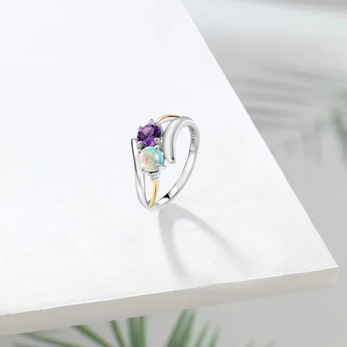 Vista 4 de Gem Stone King Anillo de plata de ley 925 y oro amarillo de 10 quilates ópalo blanco de amatista púrpura y diamante cultivado en laboratorio blanco
