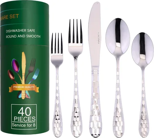 Vista 9 de Juego de cubiertos negros de 40 piezas para 8, cubiertos de acero inoxidable 18/10 para 8, elegante diseño de panal de abeja, incluye cuchillo