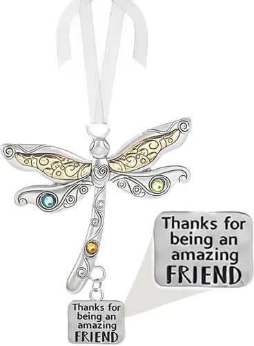 Vista 2 de Adorno de amigo con texto en inglés "Thank for Being an Amazing Friend" con diseño de libélula, adornos pensados, regalo de amistad, decoración