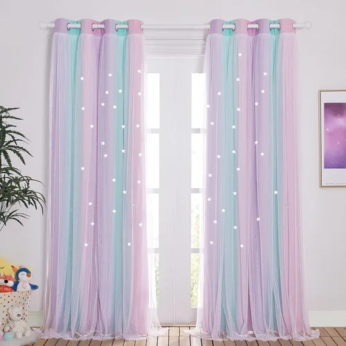 Vista 12 de NICETOWN Cortinas para Dormitorio de Niñas Infantiles con Estrellas Caladas Ventana 2 Capas Cortina 63 Pulgadas de Longitud Oscurecimiento