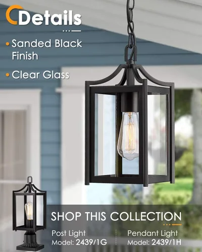 Vista 2 de Lámpara Colgante para Exteriores, 14" Luz Colgante Moderna Grande para Porche con Cadena Ajustable, Linterna Colgante Exterior Negra con Vidrio