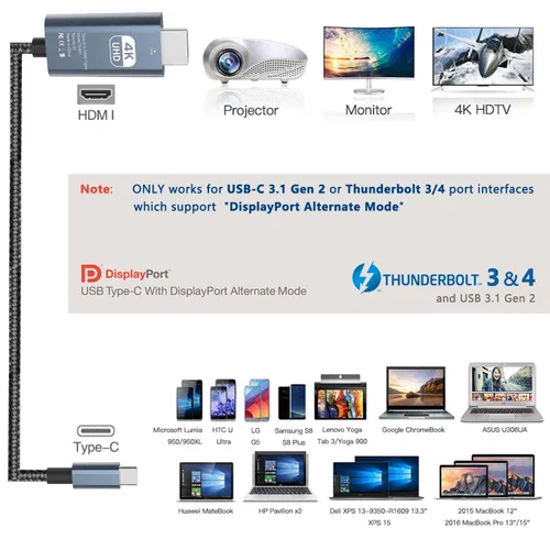 Vista 6 de Cable adaptador USB C a HDMI – Thunderbolt 3/4 4K 60Hz MHL cable para Dell HP Surface MacBook Pro Air Laptop tipo C dispositivos de teléfono Android