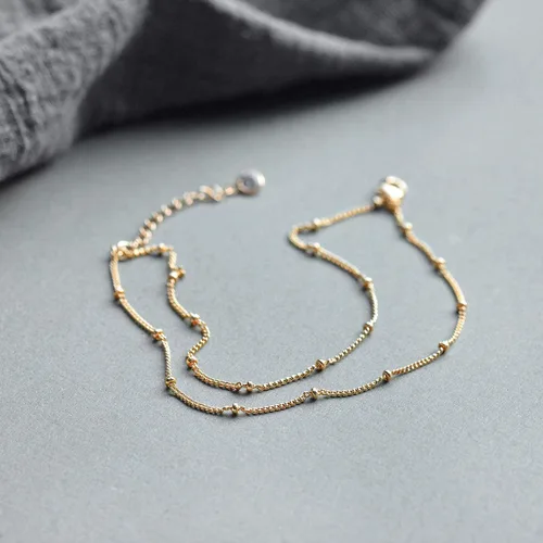 Vista 6 de Fettero Pulsera de oro con cadena en capas para mujer ajustable circonita cúbica minimalista simple delicada cuentas estatélite círculo ventilador