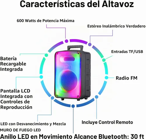 Vista 3 de Technical Pro Altavoz Bluetooth bidireccional recargable de 600 vatios de 8 pulgadas con pared LED brillante, radio FM, USB, sonido estéreo TWS