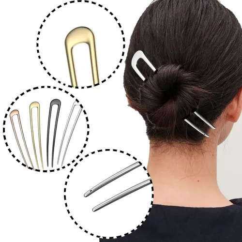 Vista 4 de 4 horquillas de metal para el cabello en forma de U, pinza para el cabello francés con placa de moño largo, horquilla para el cabello, accesorios