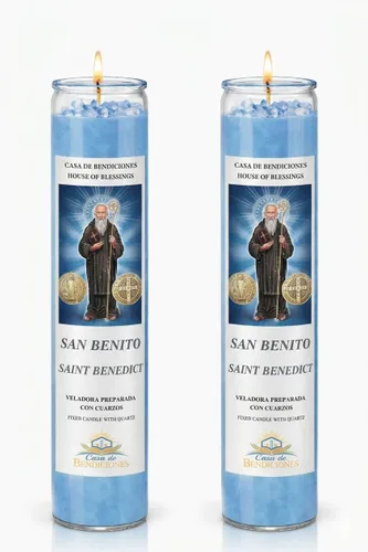 Vista 6 de SAN Benito Veladora Preparada con Cuarzos-Saint Benedict Vela Fija con Cuarzo, Azul, Casa de Bendiciones - Casa de Bendiciones