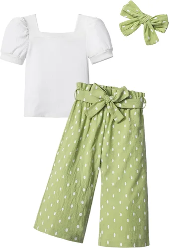 Vista 47 de DONWEN Conjunto de 3 piezas de ropa para niñas pequeñas y niñas con cuello cuadrado + pantalones elegantes + diadema para primavera y verano