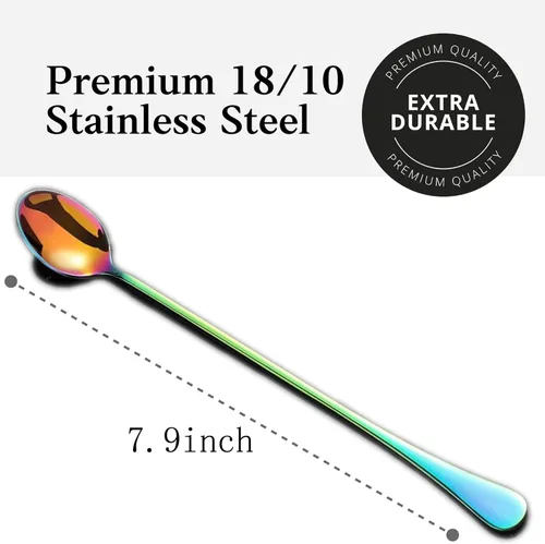 Vista 2 de Cuchara de té helado de mango largo, cucharas para mezclar cócteles, cucharas de café de acero inoxidable, cuchara de helado de colores Juego de 8