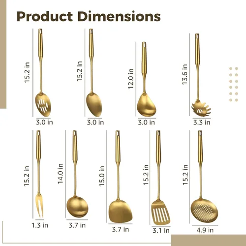 Vista 4 de Juego de 9 utensilios de cocina dorados de cocina – 304 utensilios de cocina de acero inoxidable, utensilios de cocina de metal, incluye espátulas