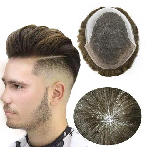 Vista 39 de Toupee para hombres pieza de pelo suave suizo encaje real sistema de cabello humano reemplazo blanqueado nudo mens tupé sistema de pelo para hombres